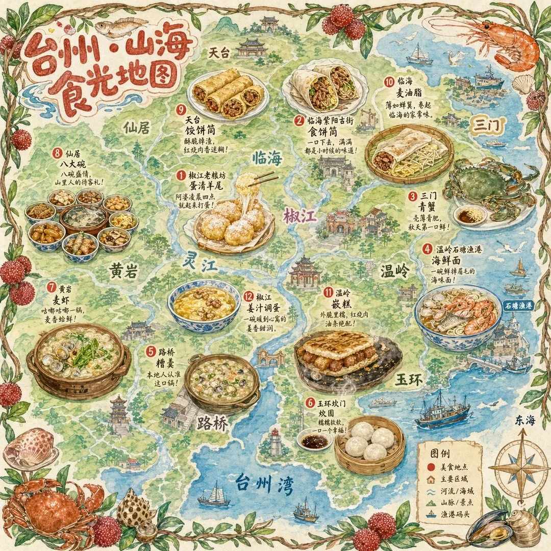 Carte gastronomique urbaine dessinée à la main, sur le thème de Taizhou Image d'exemple