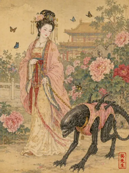 Tang Dynasty Noblewoman Walking a Pink-Vest Xenomorph Gongbi Painting sample image