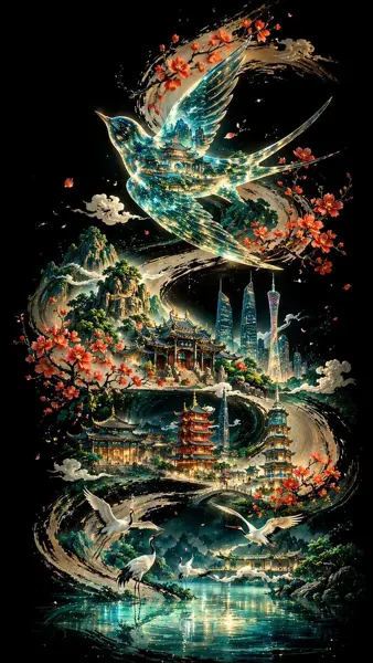 Glazed Thrush Flying in Ink Guangzhou Scroll sample image