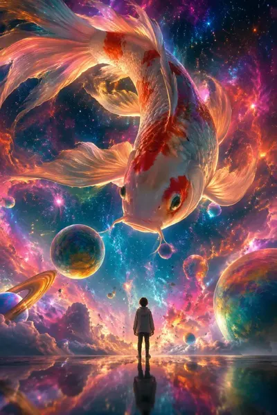 Fantasy Encounter of Nebula Giant Carp and Tiny Human sample image