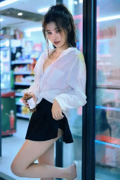 Sensual Neon Girl in Late-Night Convenience Store sample image