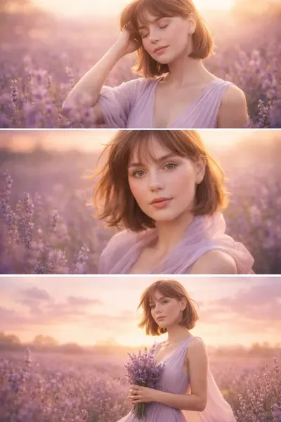 Dreamy Girl in Dawn Lavender Field Triptych sample image
