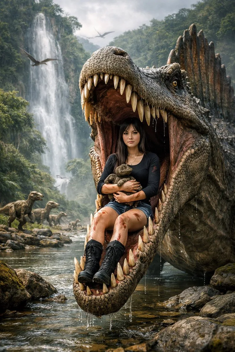 Cool Girl in Spinosaurus Jaws and Prehistoric Wonder sample image