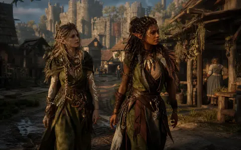 Two Elf Adventurers in Medieval Village sample image