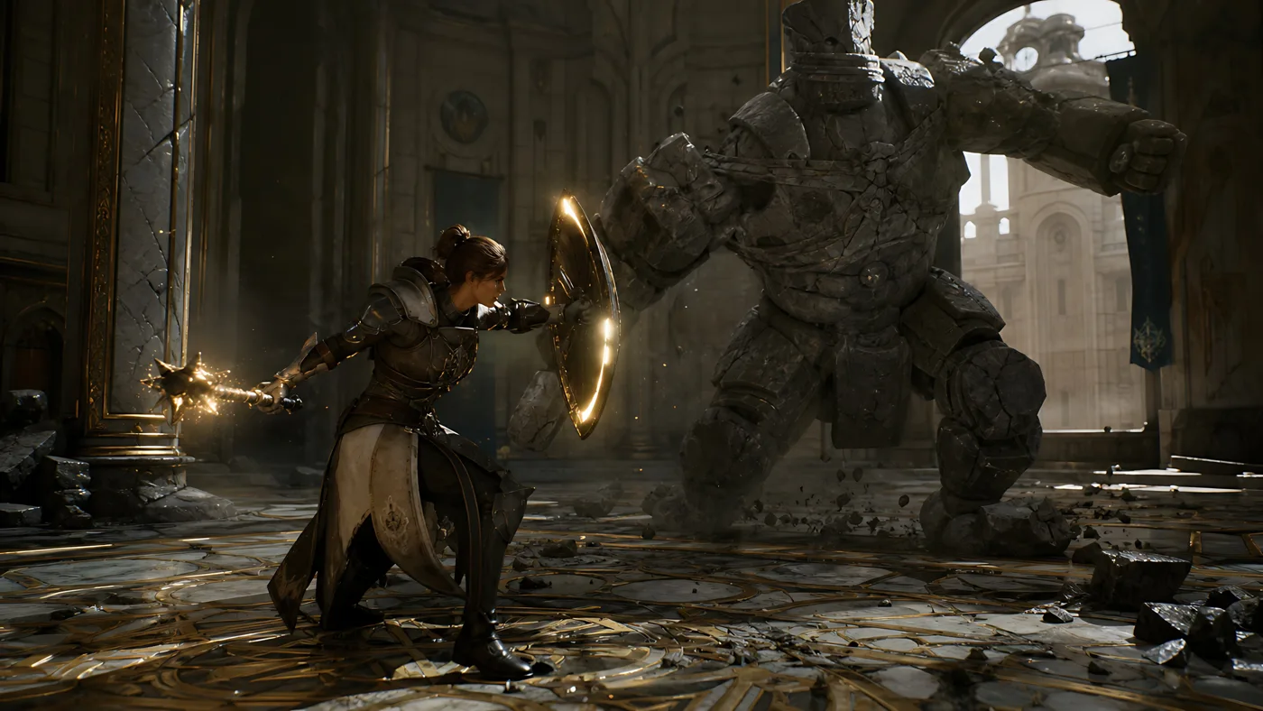 Combat de chevalier et mage contre un golem de pierre Image d'exemple