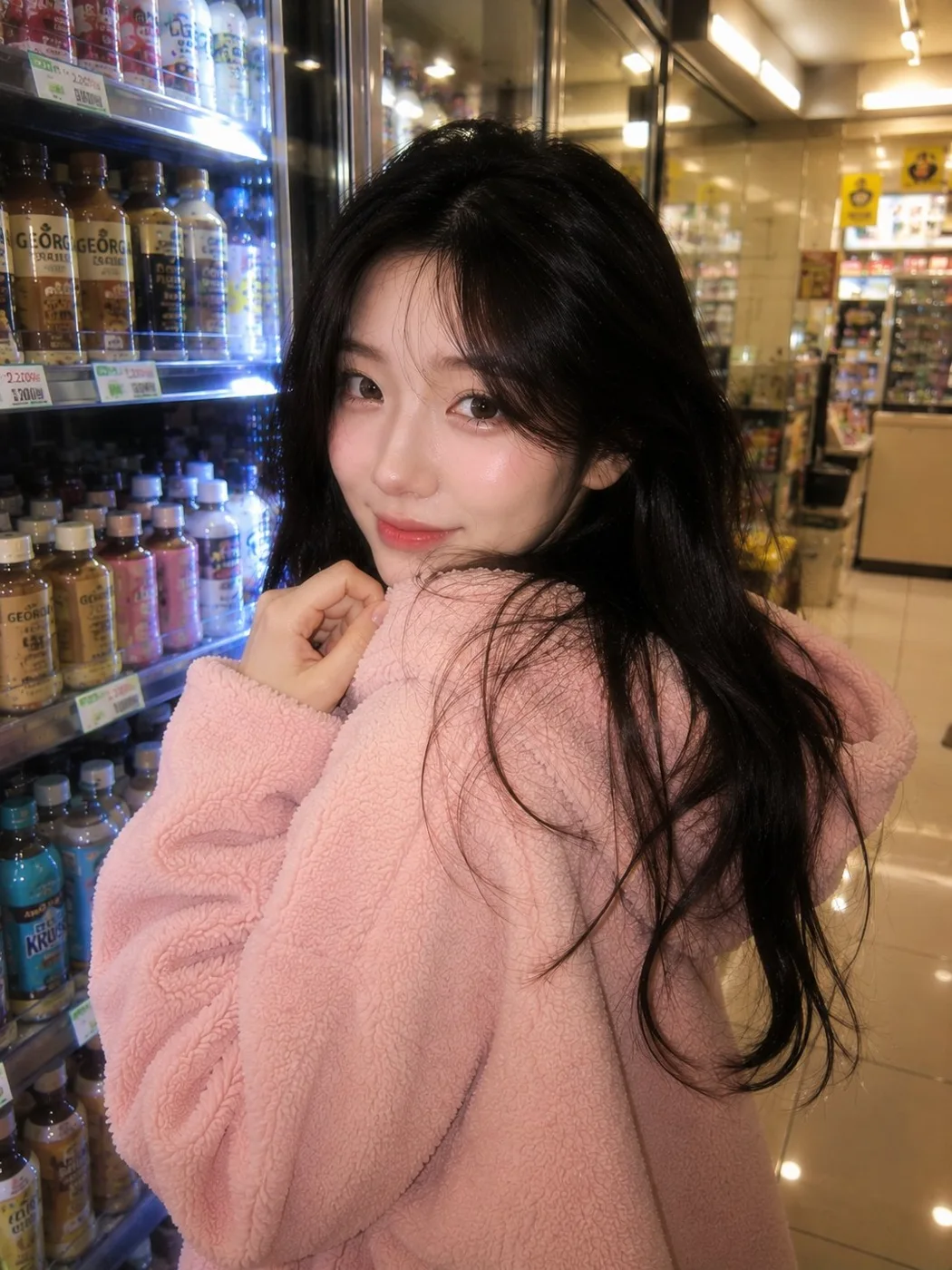 한국 편의점 핑크 Hoodie 인물 사진 예시 이미지