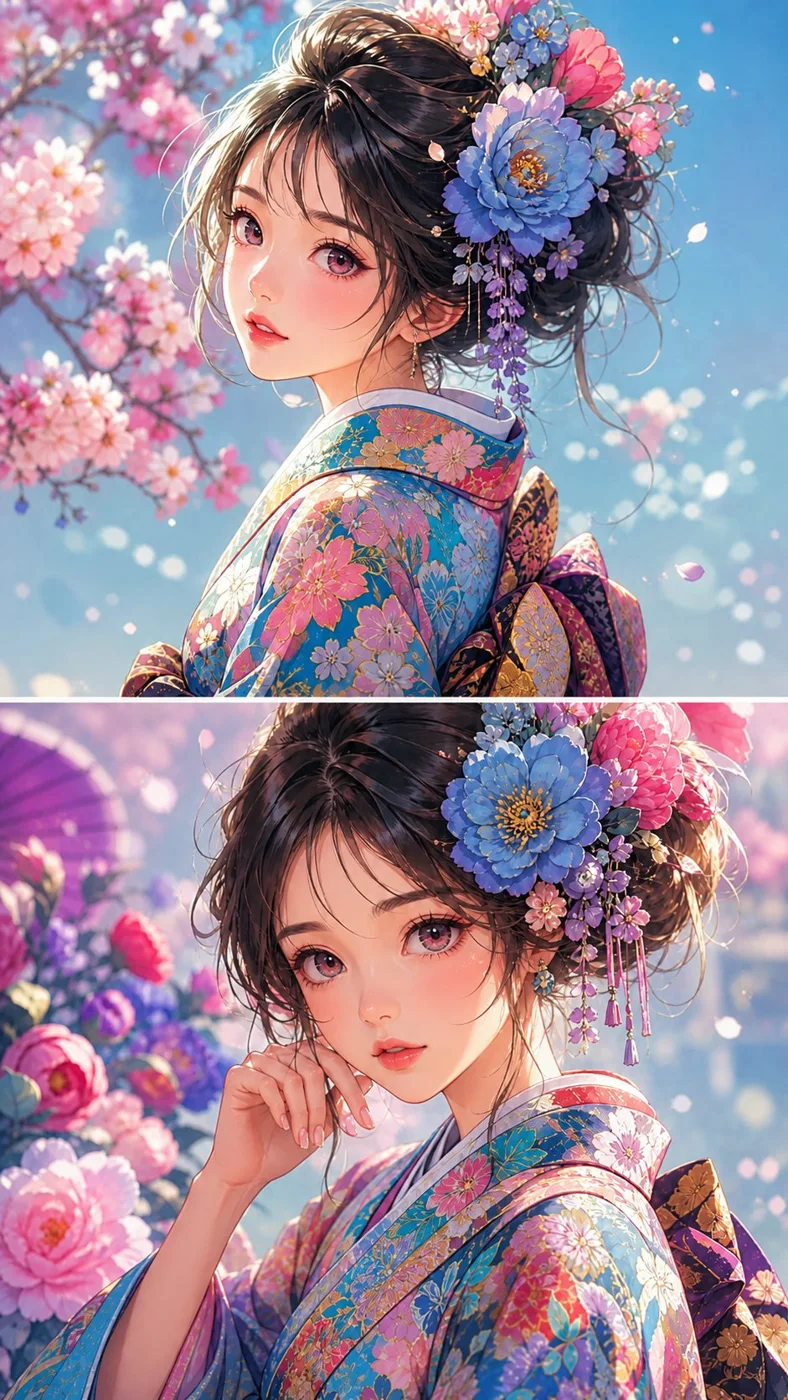 Retrato anime con kimono y horquilla de flores Imagen de ejemplo