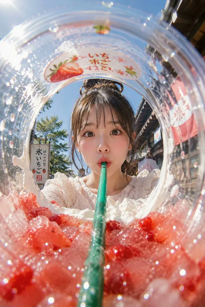 컵 속 어안렌즈 여름 아이스 음료 광고 예시 이미지